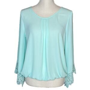 A.Byer Robin Blue Top with Bell Sleeves and Elastic Waist Size Medium